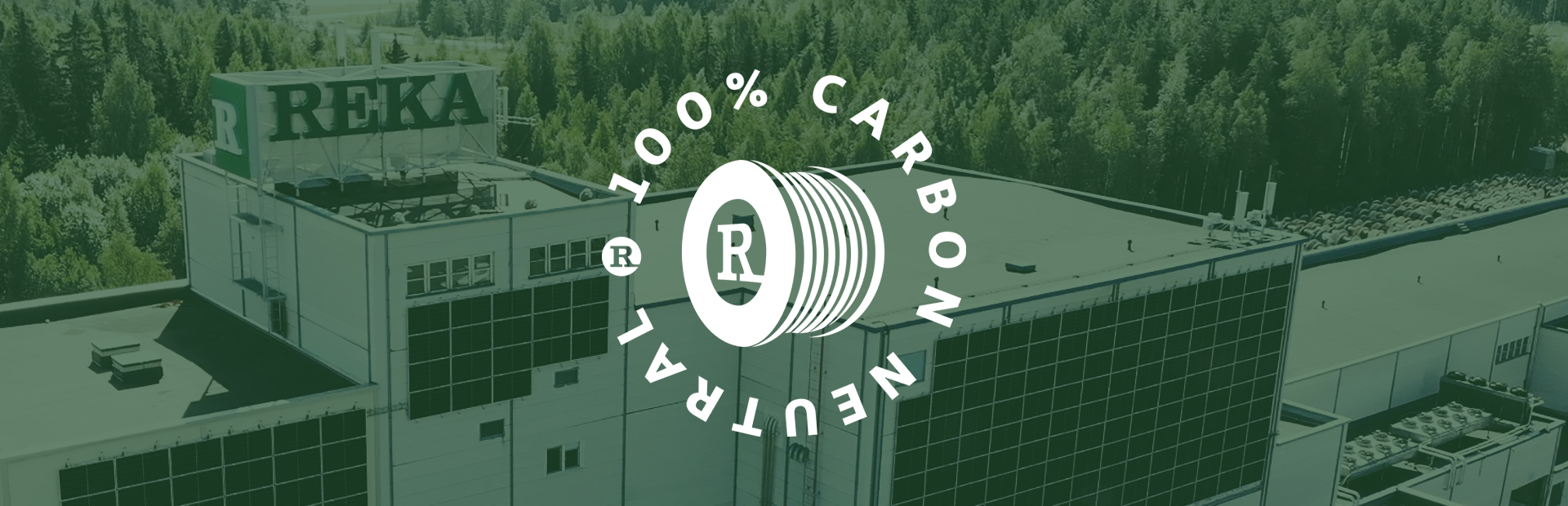reka cables, carbon neutral logo and pic of the factory in Riihimäki