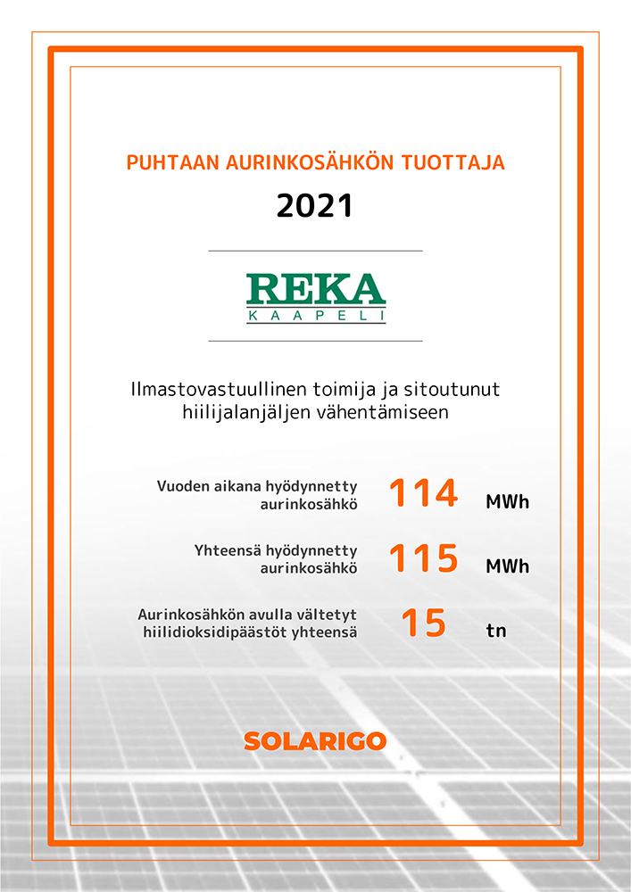 Koko kuva Solarigon diplomista. Puhtaan aurinkosähkön tuottaja 2021