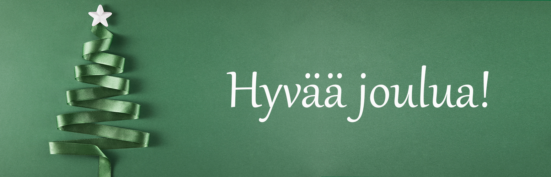 Kuvassa satiininauhasta pyöritetty kuusi ja teksti "Hyvää joulua!" vihreällä taustalla