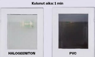 Kuva näkyvyydestä tulipalossa: halogeeniton palosuojattu kaapeli vs. PVC kaapeli